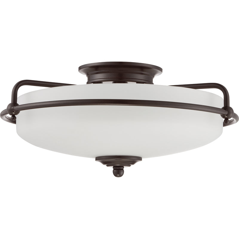 Quoizel Griffin 17in 3-Light Flush Mount | Soft Modern Palladian Bronze and White Etched Glass | Hallway & Bedroom | 17 x 17 x 8 in | Model GF1617PN