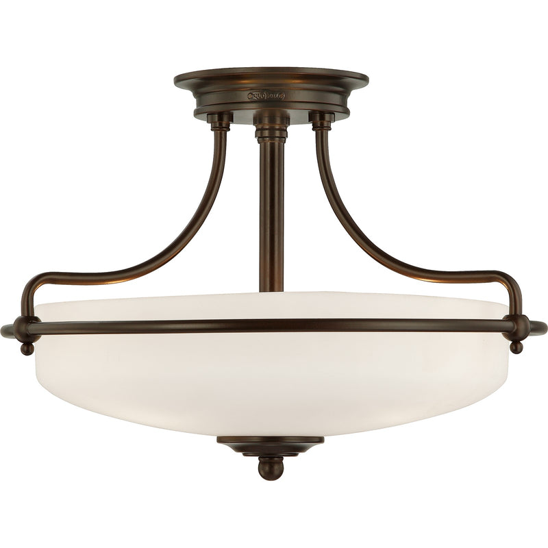 Quoizel Griffin 17in 3-Light Semi-Flush Mount | Soft Modern Palladian Bronze and White Etched Glass | Bedroom & Hallway | Model GF1717PN