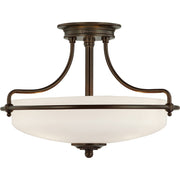 Quoizel Griffin 17in 3-Light Semi-Flush Mount | Soft Modern Palladian Bronze and White Etched Glass | Bedroom & Hallway | Model GF1717PN