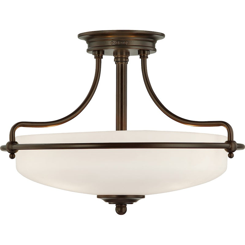 Quoizel Griffin 17in 3-Light Semi-Flush Mount | Soft Modern Palladian Bronze and White Etched Glass | Bedroom & Hallway | Model GF1717PN