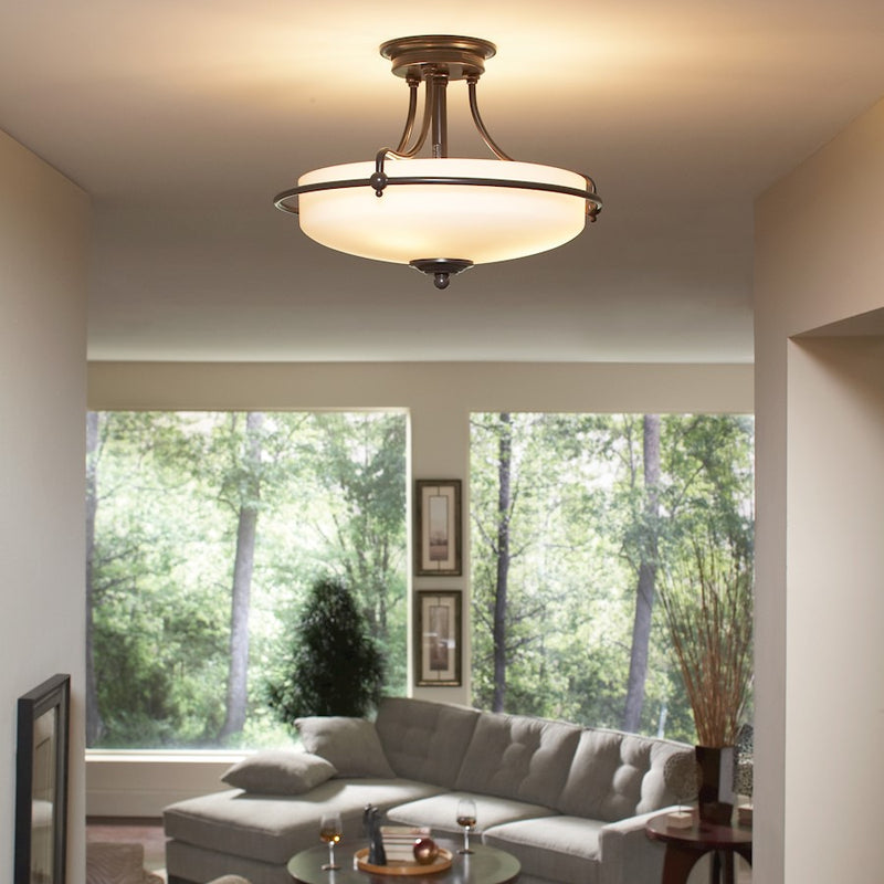 Quoizel Griffin 17in 3-Light Semi-Flush Mount | Soft Modern Palladian Bronze and White Etched Glass | Bedroom & Hallway | Model GF1717PN