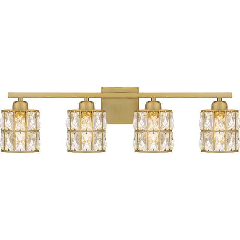 Quoizel Gibson 30in 4-Light Vanity Light | Glam Aged Brass and Clear Crystal Glass | Bathroom Vanity | 29.5 x 6.25 x 8 in | Model GIB8630AB
