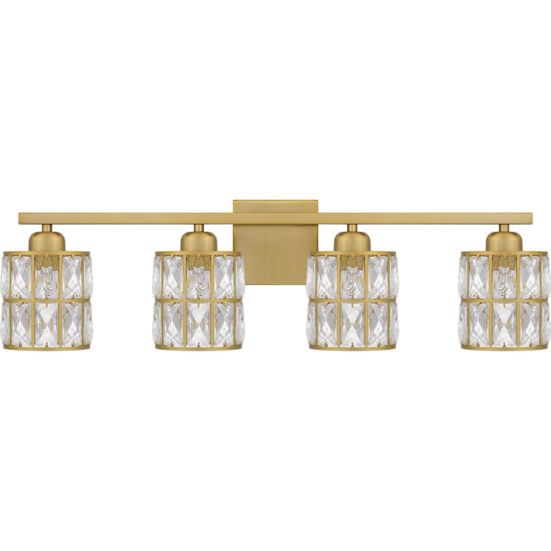 Quoizel Gibson 30in 4-Light Vanity Light | Glam Aged Brass and Clear Crystal Glass | Bathroom Vanity | 29.5 x 6.25 x 8 in | Model GIB8630AB