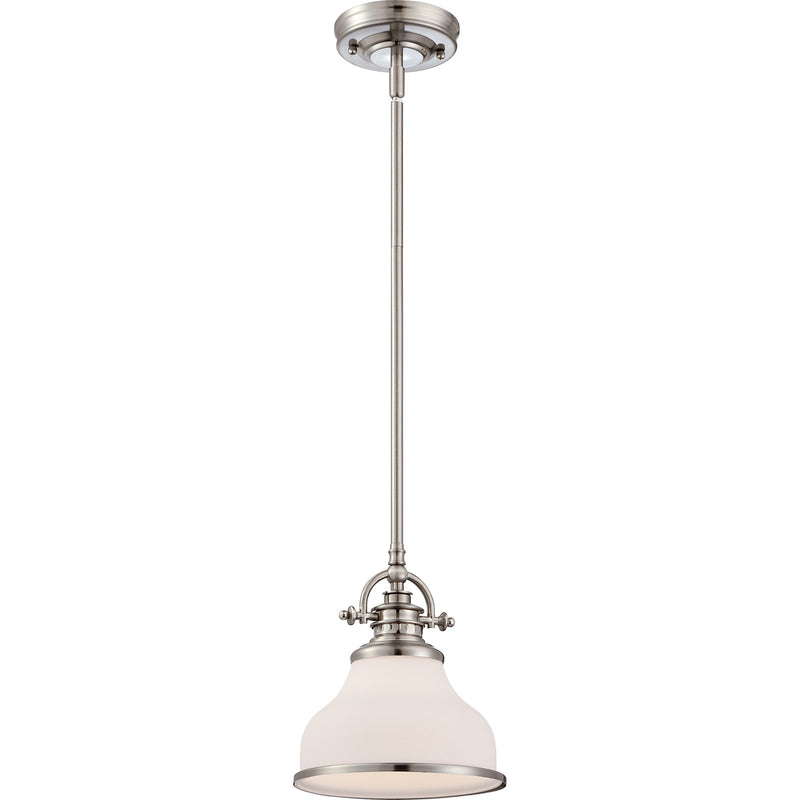 Quoizel Grant 8in 1-Light Mini Pendant | Classic Brushed Nickel and Opal Etched Glass | Kitchen Island & Breakfast Nook | Model GRT1508BN