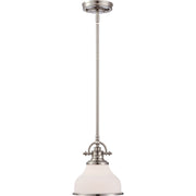Quoizel Grant 8in 1-Light Mini Pendant | Classic Brushed Nickel and Opal Etched Glass | Kitchen Island & Breakfast Nook | Model GRT1508BN