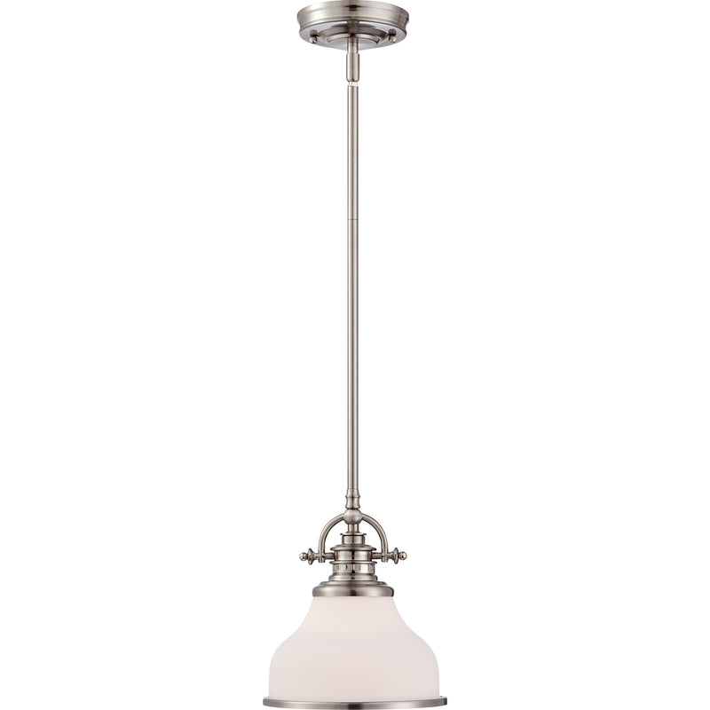 Quoizel Grant 8in 1-Light Mini Pendant | Classic Brushed Nickel and Opal Etched Glass | Kitchen Island & Breakfast Nook | Model GRT1508BN
