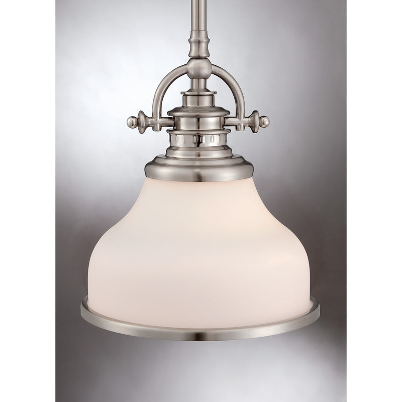 Quoizel Grant 8in 1-Light Mini Pendant | Classic Brushed Nickel and Opal Etched Glass | Kitchen Island & Breakfast Nook | Model GRT1508BN
