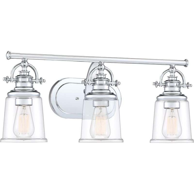 Quoizel Grant 23in 3-Light Vanity Light | Classic Polished Chrome and Clear Glass | Bathroom & Powder Room | 23 x 7 x 9.5 in | Model GRT8603C
