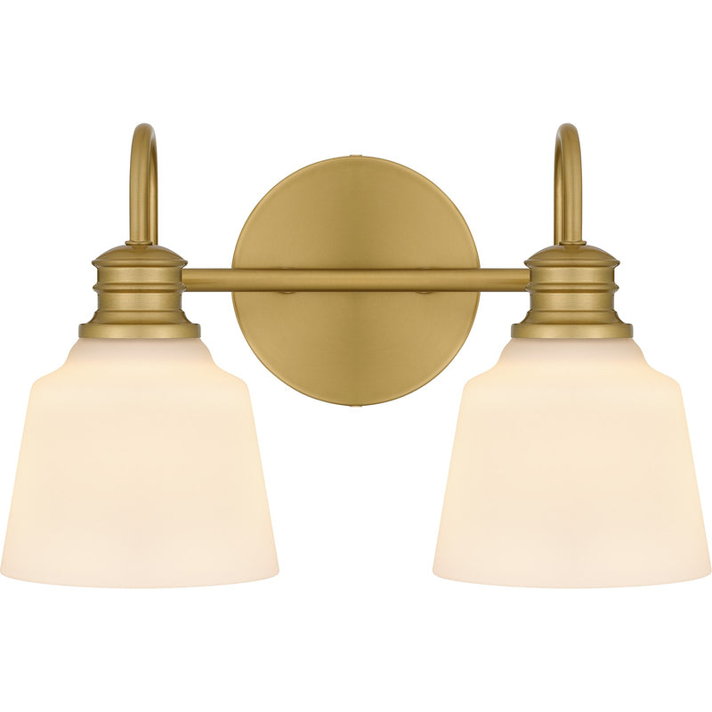 Quoizel Hinton 14in 2-Light Bath Light | Aged Brass Steel and Opal Etched Glass | Bathroom Vanity | 14 x 6.5 x 9 in | Model HIN8614AB