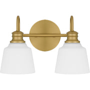 Quoizel Hinton 14in 2-Light Bath Light | Aged Brass Steel and Opal Etched Glass | Bathroom Vanity | 14 x 6.5 x 9 in | Model HIN8614AB
