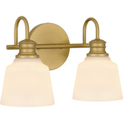 Quoizel Hinton 14in 2-Light Bath Light | Aged Brass Steel and Opal Etched Glass | Bathroom Vanity | 14 x 6.5 x 9 in | Model HIN8614AB