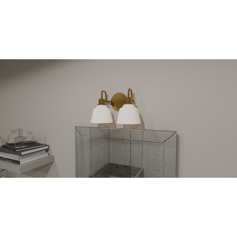 Quoizel Hinton 14in 2-Light Bath Light | Aged Brass Steel and Opal Etched Glass | Bathroom Vanity | 14 x 6.5 x 9 in | Model HIN8614AB