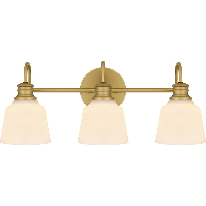 Quoizel Hinton 22in 3-Light Vanity Light | Traditional Aged Brass and Opal Etched Glass | Bathroom Vanity | 22 x 6.5 x 9 in | Model HIN8622AB