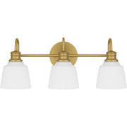 Quoizel Hinton 22in 3-Light Vanity Light | Traditional Aged Brass and Opal Etched Glass | Bathroom Vanity | 22 x 6.5 x 9 in | Model HIN8622AB