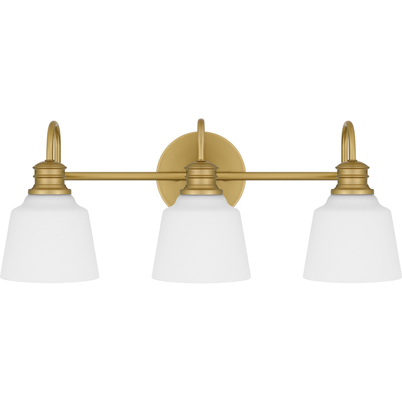 Quoizel Hinton 22in 3-Light Vanity Light | Traditional Aged Brass and Opal Etched Glass | Bathroom Vanity | 22 x 6.5 x 9 in | Model HIN8622AB