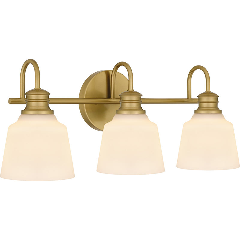 Quoizel Hinton 22in 3-Light Vanity Light | Traditional Aged Brass and Opal Etched Glass | Bathroom Vanity | 22 x 6.5 x 9 in | Model HIN8622AB