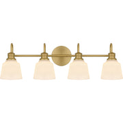 Quoizel Hinton 30in 4-Light Vanity Light | Traditional Aged Brass and Opal Etched Glass | Bathroom Vanity | 30.5 x 6.5 x 9 in | Model HIN8630AB