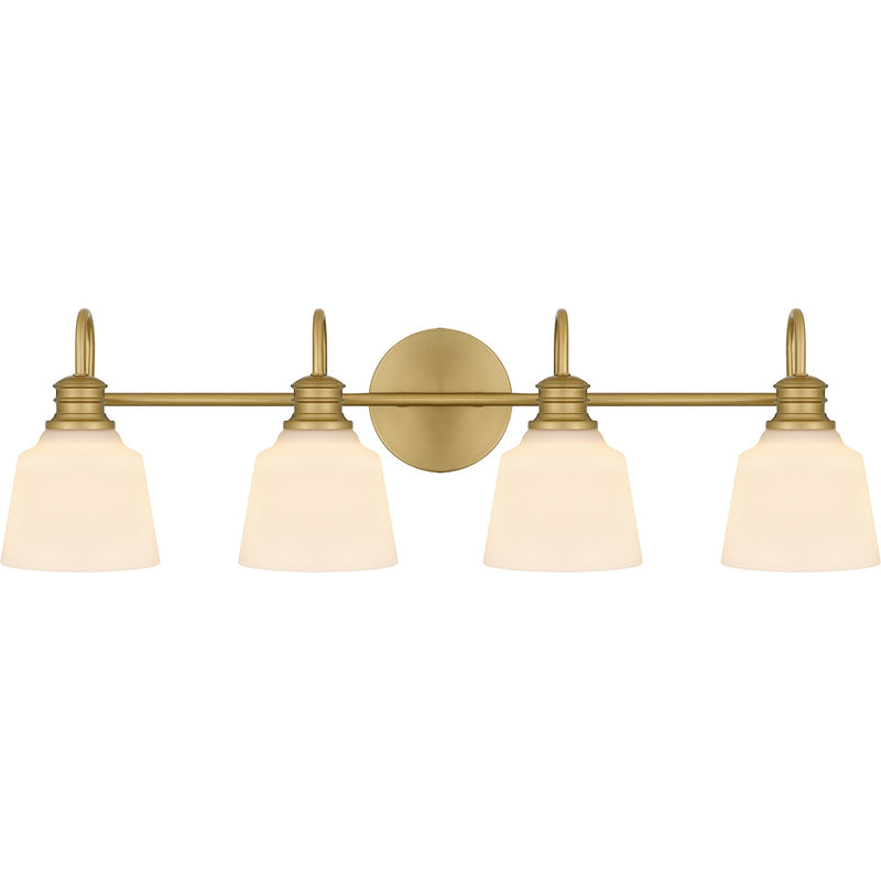 Quoizel Hinton 30in 4-Light Vanity Light | Traditional Aged Brass and Opal Etched Glass | Bathroom Vanity | 30.5 x 6.5 x 9 in | Model HIN8630AB