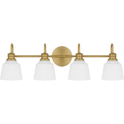 Quoizel Hinton 30in 4-Light Vanity Light | Traditional Aged Brass and Opal Etched Glass | Bathroom Vanity | 30.5 x 6.5 x 9 in | Model HIN8630AB