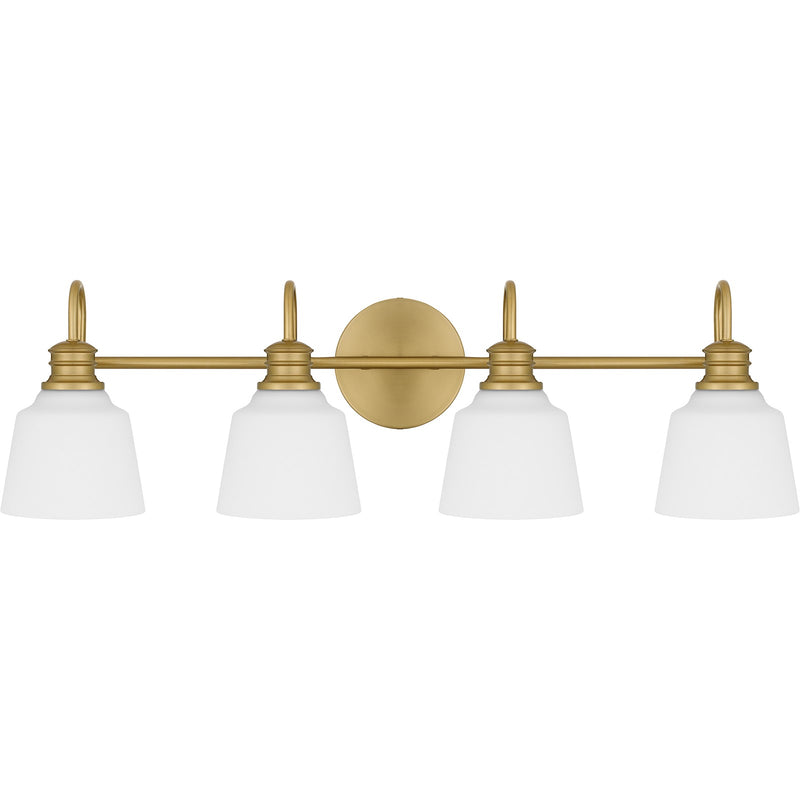 Quoizel Hinton 30in 4-Light Vanity Light | Traditional Aged Brass and Opal Etched Glass | Bathroom Vanity | 30.5 x 6.5 x 9 in | Model HIN8630AB