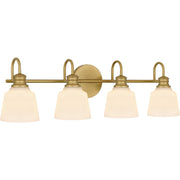 Quoizel Hinton 30in 4-Light Vanity Light | Traditional Aged Brass and Opal Etched Glass | Bathroom Vanity | 30.5 x 6.5 x 9 in | Model HIN8630AB