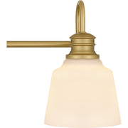 Quoizel Hinton 30in 4-Light Vanity Light | Traditional Aged Brass and Opal Etched Glass | Bathroom Vanity | 30.5 x 6.5 x 9 in | Model HIN8630AB