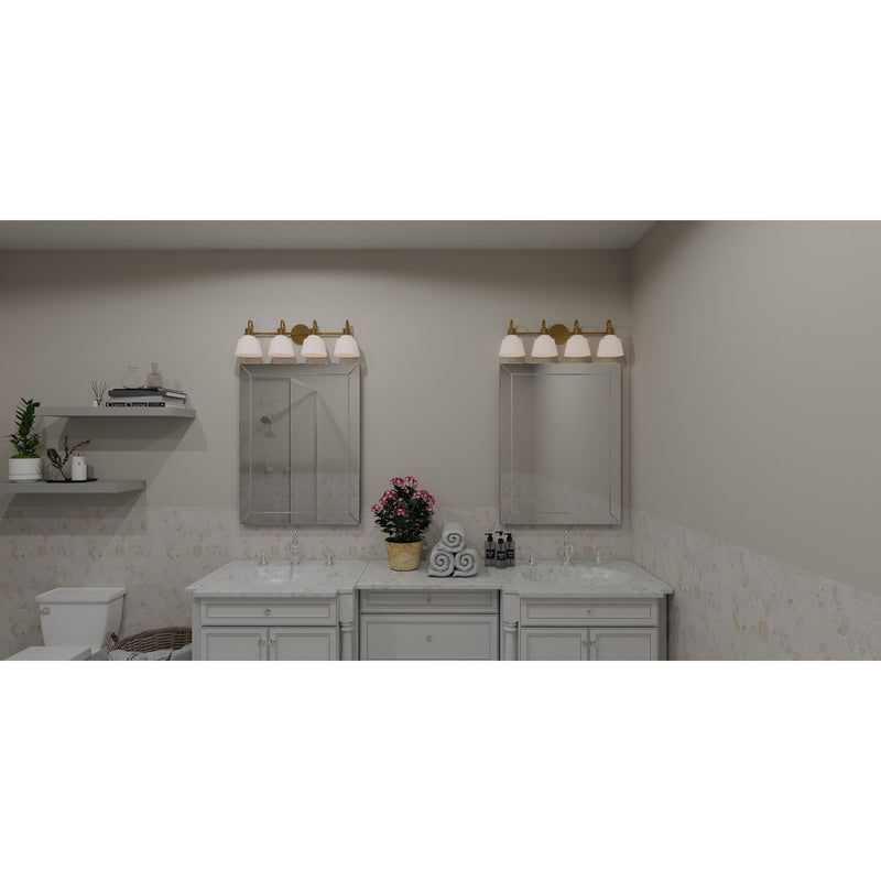 Quoizel Hinton 30in 4-Light Vanity Light | Traditional Aged Brass and Opal Etched Glass | Bathroom Vanity | 30.5 x 6.5 x 9 in | Model HIN8630AB