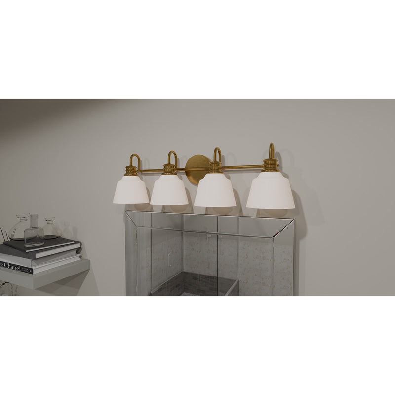 Quoizel Hinton 30in 4-Light Vanity Light | Traditional Aged Brass and Opal Etched Glass | Bathroom Vanity | 30.5 x 6.5 x 9 in | Model HIN8630AB