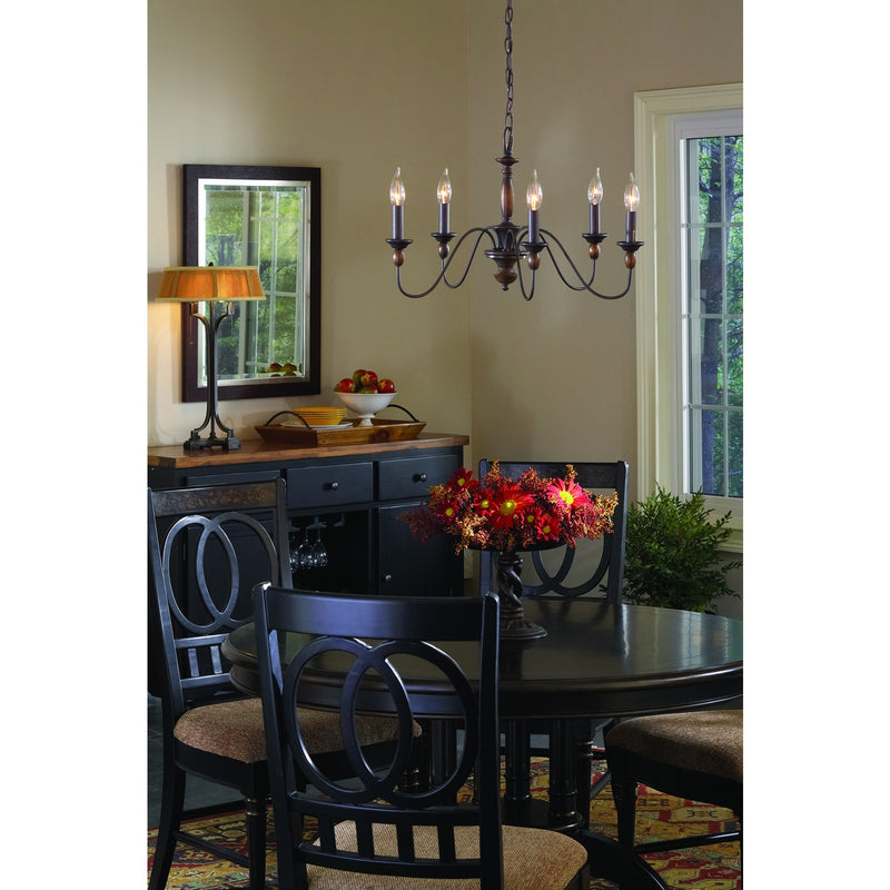 Quoizel Holbrook 24in 5-Light Chandelier | Americana Tuscan Brown Steel and Wood | Dining Room & Foyer | 24 x 24 x 14.25 in | Model HK5005TC