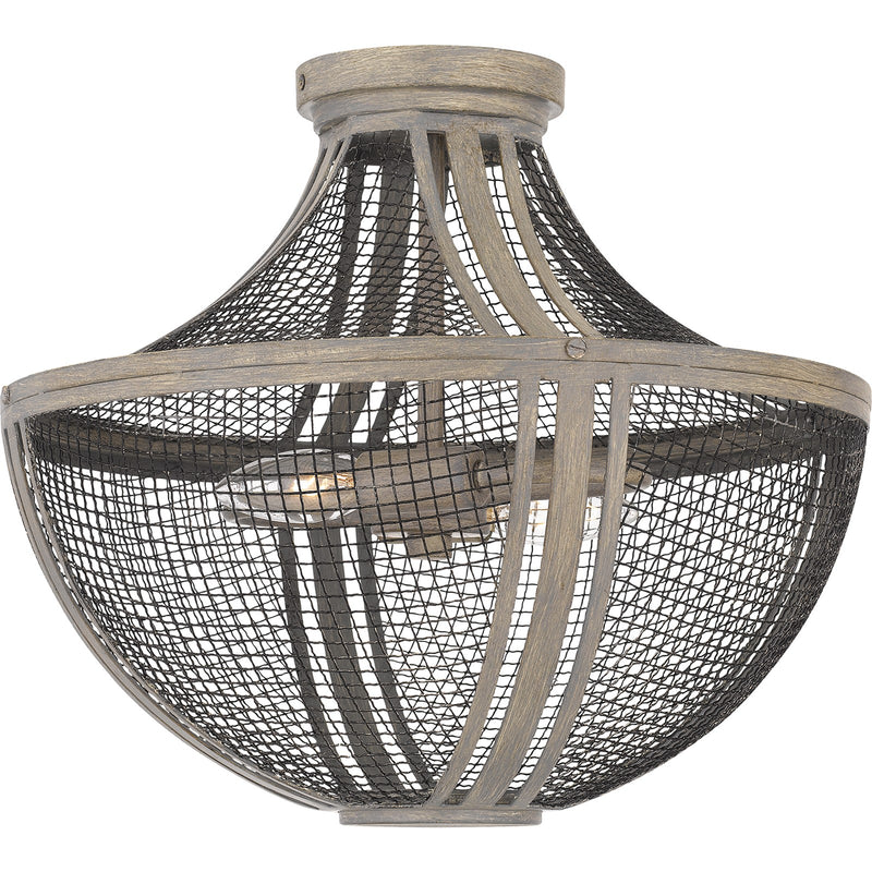 Quoizel Hallie 15in 2-Light Semi-Flush Mount | Modern Farmhouse Distressed Grey Wood and Metal Mesh | Foyer & Hallway | Model HLE1715DGW