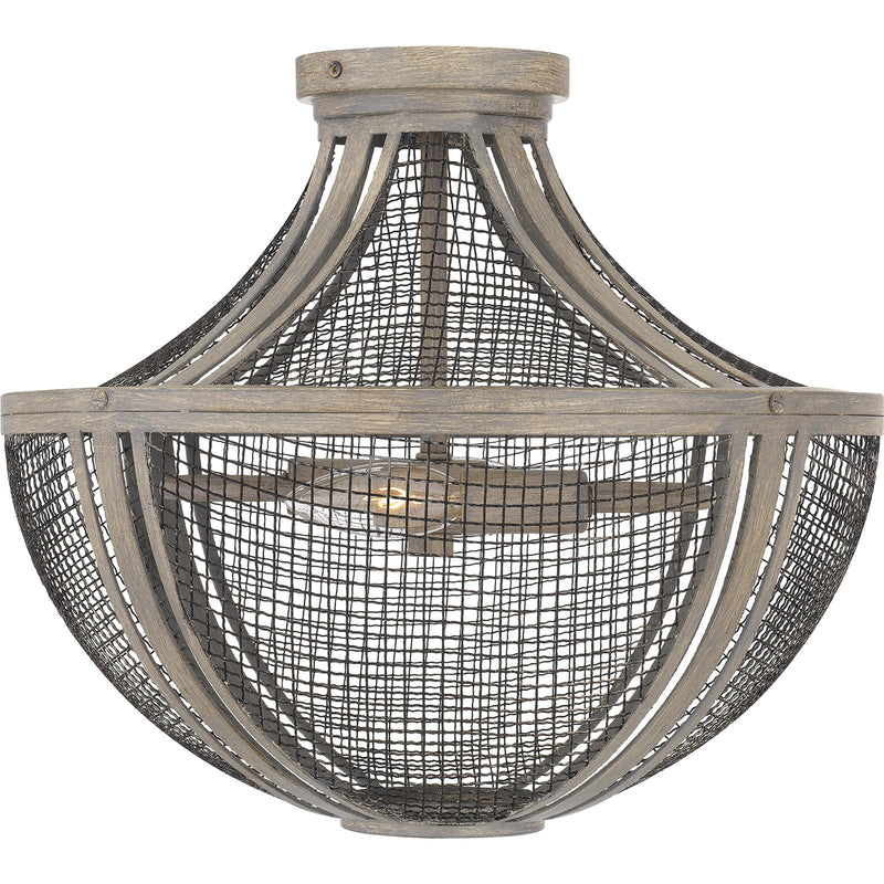Quoizel Hallie 15in 2-Light Semi-Flush Mount | Modern Farmhouse Distressed Grey Wood and Metal Mesh | Foyer & Hallway | Model HLE1715DGW