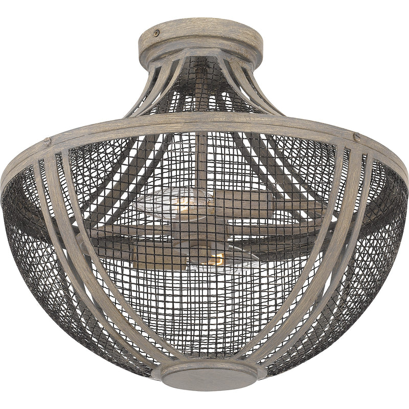Quoizel Hallie 15in 2-Light Semi-Flush Mount | Modern Farmhouse Distressed Grey Wood and Metal Mesh | Foyer & Hallway | Model HLE1715DGW