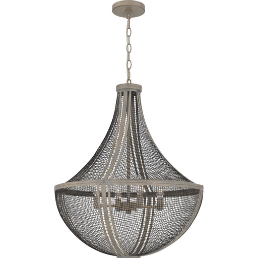 Quoizel Hallie 22in 4-Light Pendant | Modern Farmhouse Distressed Grey Wood and Metal Mesh | Foyer & Dining Room | 22 x 22 x 27 in | Model HLE2822DGW