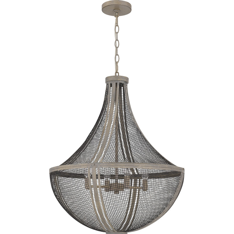 Quoizel Hallie 22in 4-Light Pendant | Modern Farmhouse Distressed Grey Wood and Metal Mesh | Foyer & Dining Room | 22 x 22 x 27 in | Model HLE2822DGW