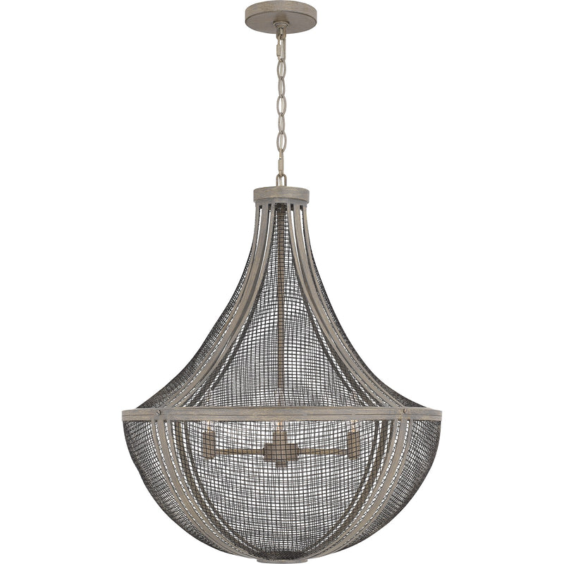 Quoizel Hallie 22in 4-Light Pendant | Modern Farmhouse Distressed Grey Wood and Metal Mesh | Foyer & Dining Room | 22 x 22 x 27 in | Model HLE2822DGW