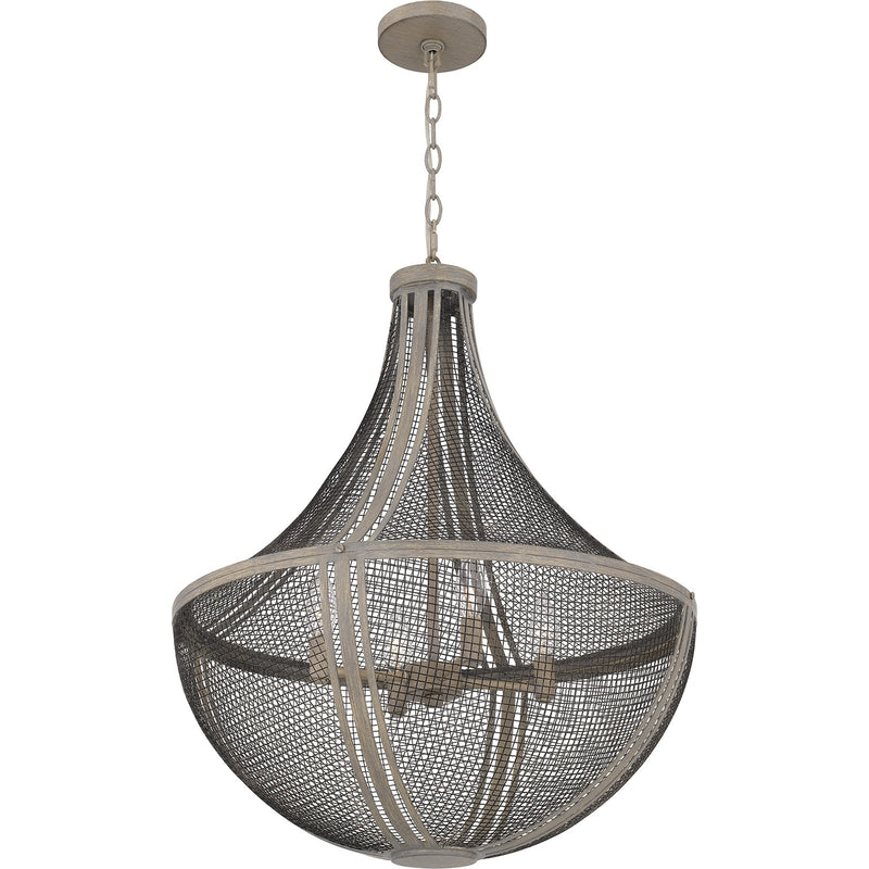 Quoizel Hallie 22in 4-Light Pendant | Modern Farmhouse Distressed Grey Wood and Metal Mesh | Foyer & Dining Room | 22 x 22 x 27 in | Model HLE2822DGW