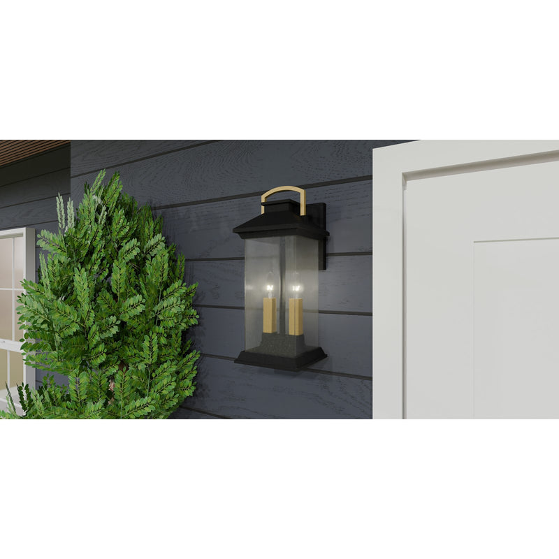 Quoizel Henderson 15in 2-Light Outdoor Wall Lantern | Modern Earth Black and Clear Seedy Glass | Front Door & Porch | Model HND8306EK