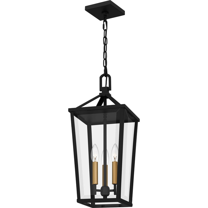 Quoizel Hull 10in 3-Light Outdoor Lantern | Traditional Matte Black and Clear Beveled Glass | Covered Patio & Entryway | Model HUL1909MBK