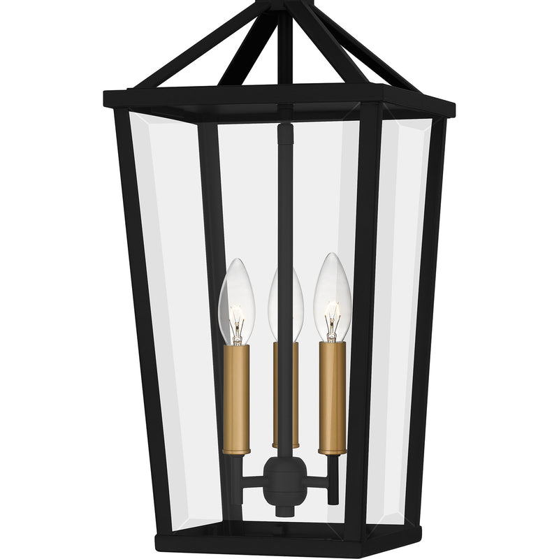 Quoizel Hull 10in 3-Light Outdoor Lantern | Traditional Matte Black and Clear Beveled Glass | Covered Patio & Entryway | Model HUL1909MBK