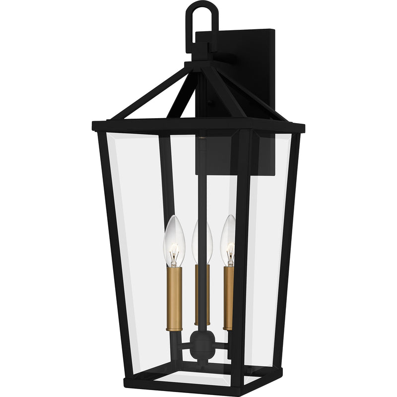 Quoizel Hull 22in 3-Light Outdoor Wall Lantern | Traditional Matte Black and Clear Beveled Glass | Front Porch & Entryway | Model HUL8409MBK