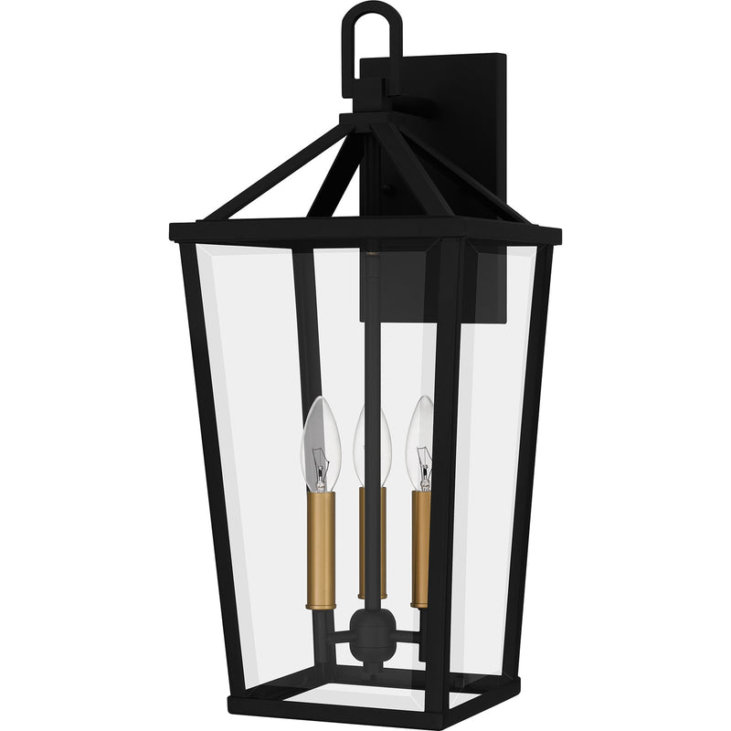 Quoizel Hull 22in 3-Light Outdoor Wall Lantern | Traditional Matte Black and Clear Beveled Glass | Front Porch & Entryway | Model HUL8409MBK
