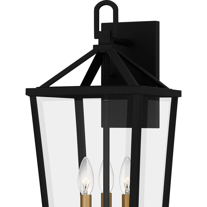Quoizel Hull 22in 3-Light Outdoor Wall Lantern | Traditional Matte Black and Clear Beveled Glass | Front Porch & Entryway | Model HUL8409MBK