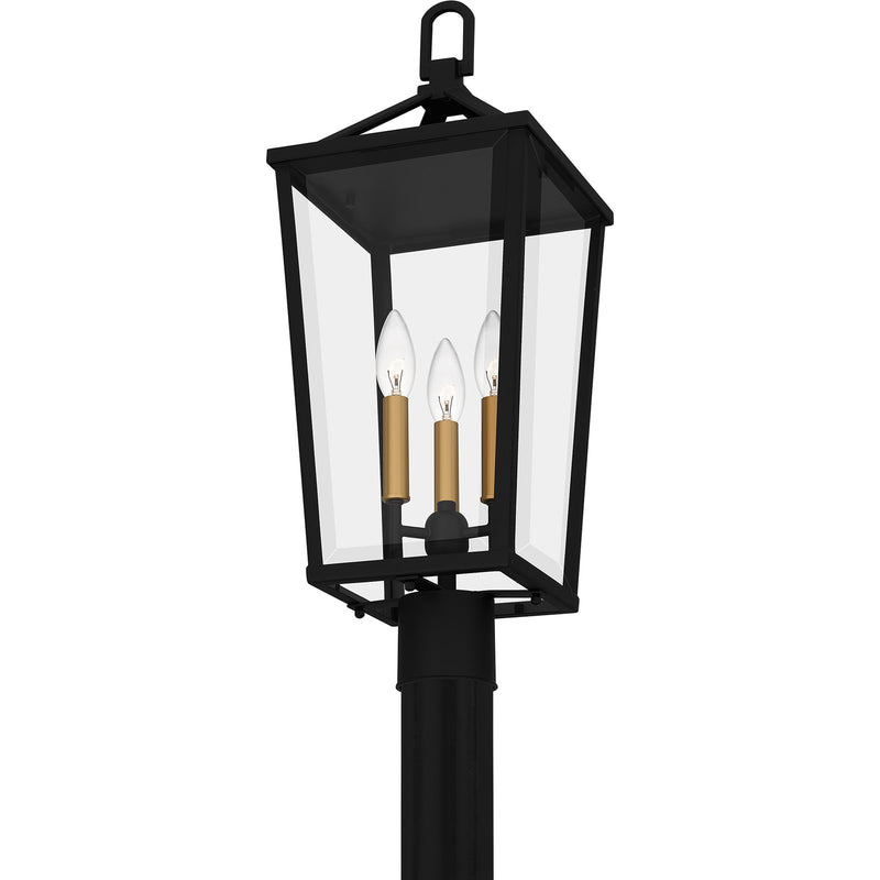 Quoizel Hull 25in 3-Light Outdoor Wall Lantern | Traditional Matte Black and Clear Beveled Glass | Front Porch & Entryway | Model HUL9009MBK