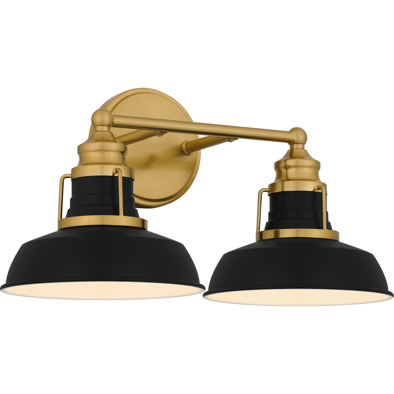 Quoizel Huxley 16in 2-Light Vanity Light | Industrial Aged Brass and Black Metal Shade | Bathroom Vanity & Powder Room | Model HUX8616AB
