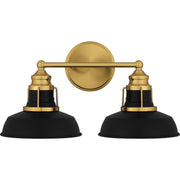 Quoizel Huxley 16in 2-Light Vanity Light | Industrial Aged Brass and Black Metal Shade | Bathroom Vanity & Powder Room | Model HUX8616AB