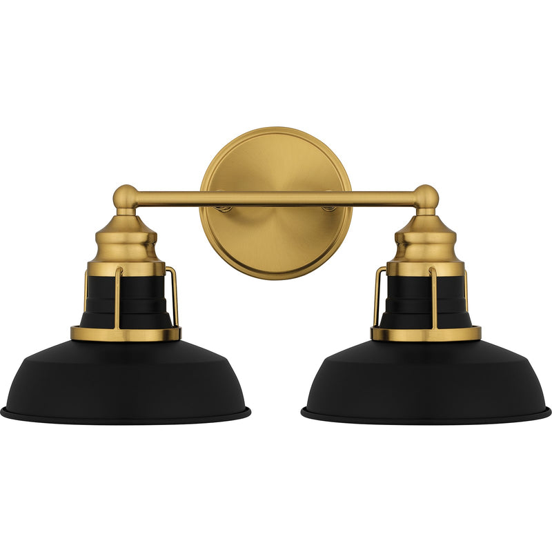 Quoizel Huxley 16in 2-Light Vanity Light | Industrial Aged Brass and Black Metal Shade | Bathroom Vanity & Powder Room | Model HUX8616AB