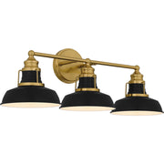 Quoizel Huxley 25in 3-Light Vanity Light | Industrial Aged Brass and Black Metal Shade | Bathroom Vanity & Powder Room | Model HUX8625AB