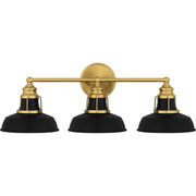 Quoizel Huxley 25in 3-Light Vanity Light | Industrial Aged Brass and Black Metal Shade | Bathroom Vanity & Powder Room | Model HUX8625AB