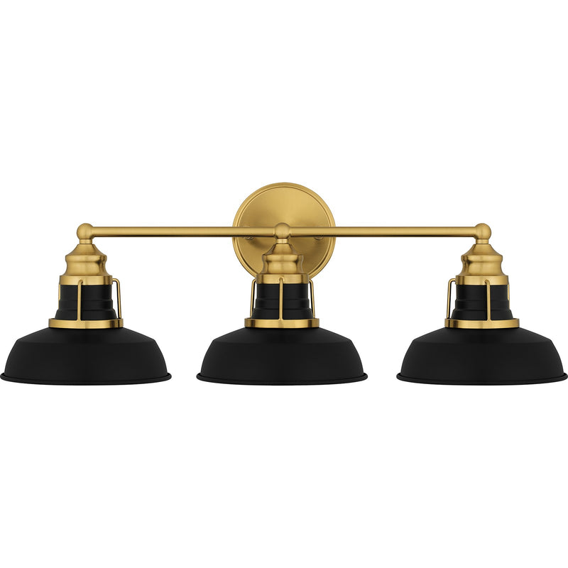 Quoizel Huxley 25in 3-Light Vanity Light | Industrial Aged Brass and Black Metal Shade | Bathroom Vanity & Powder Room | Model HUX8625AB