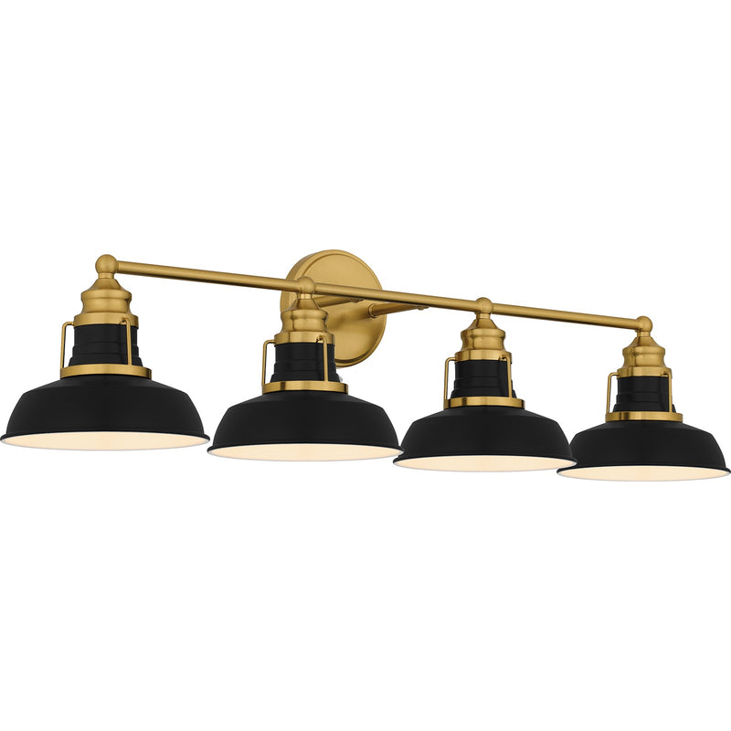 Quoizel Huxley 34in 4-Light Vanity Light | Industrial Aged Brass and Black Metal | Bathroom Vanity | 34.5 x 8.5 x 9 in | Model HUX8634AB